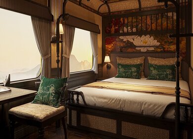 Kabine im SJourney mit Doppelbett | © SJourney  Doppelbett Kabine im SJourney mit Aussicht aus dem Fenster | © SJourney