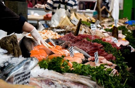 Der Stand eines Fischhändlers in einer Markthalle mit frischem Fisch | © Gettyimages.com/Lina Steward