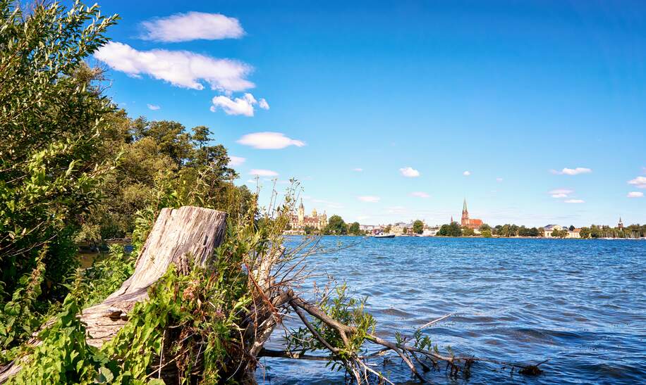 Blick ueber den Baumstamm am Schweriner See mit Schloss und Dom | © Gettyimages.com/DR pics24