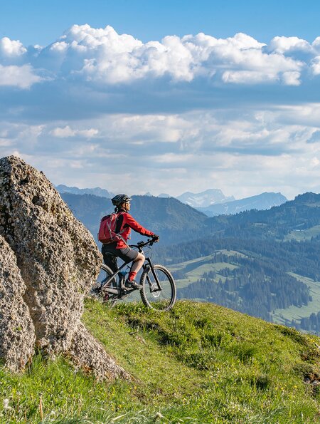Aktive Seniorin auf einem Elektro-Mountainbike genießt den spektakulären Blick über die Allgäuer Alpen bei Oberstdorf in Bayern | © Gettyimages.com/Uwe Moser
