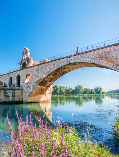 Untersicht auf eine alte Brücke von Avignon über der Rhone mit strahlender Sonne | © Gettyimages.com/extravagantni