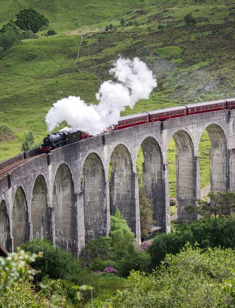 Dampfzug faehrt ueber das Glenfinnan-Viadukt in Schottland | © Gettyimages.com/wanderluster