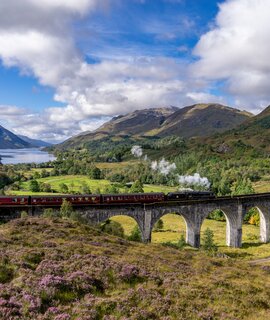 Beruehmten Glenfinnan Eisenbahnviadukt in Schottland. Ein Zug faehrt gerade ueber das gigantische Bauwerk mit atemberaubenden Hintergrund | © Gettyimages:com/catuncia