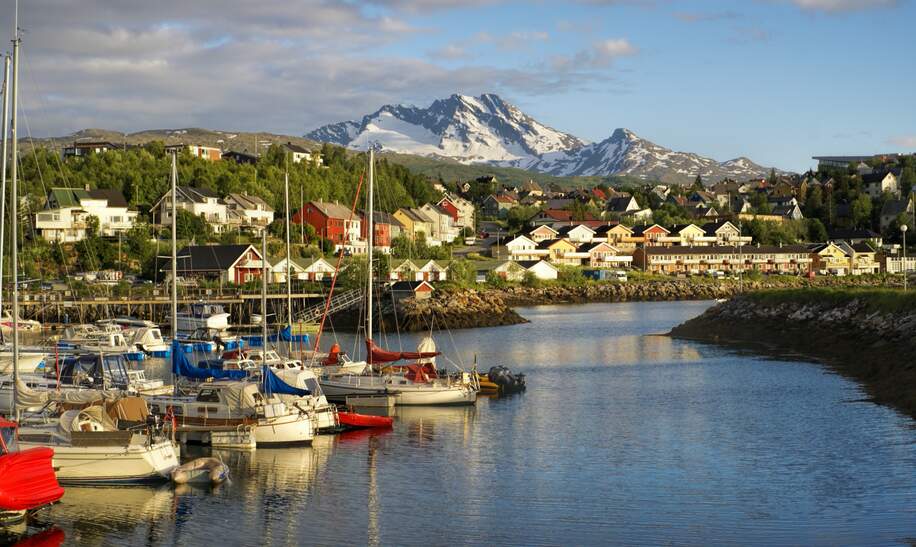 Narvik Hafen mit mehreren Booten, umgeben von Wohnhäusern und einer Bergkette im Hintergrund unter klarem Himmel. | © gettyimages.com/MisoKnitl