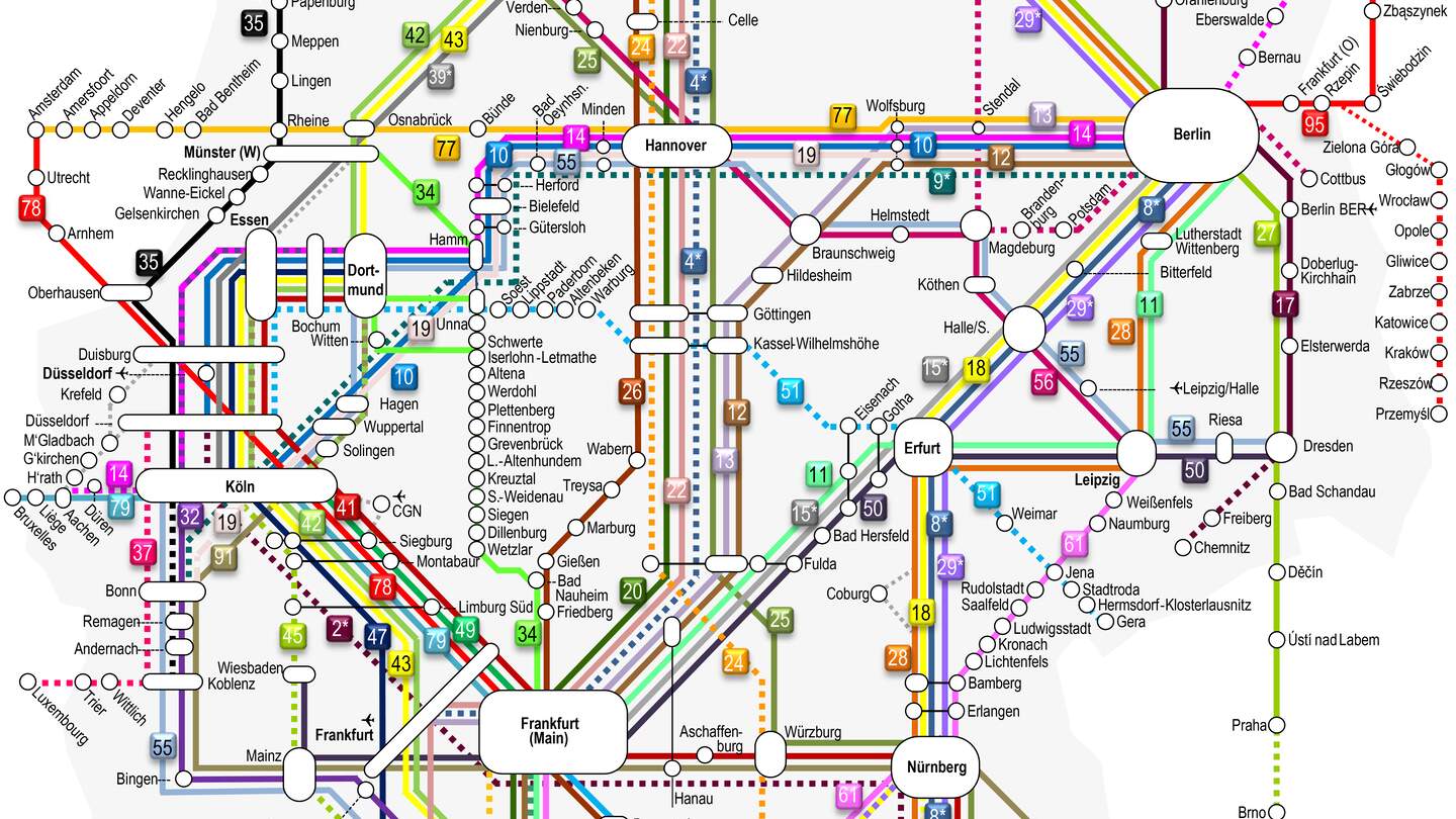 Karte der Bahn Direktverbindung von DB. Gesamtes ICE Streckennetz. | © DB/Ameropa