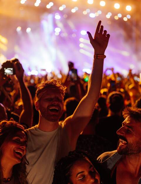 Eine Gruppe junger Freunde feiert auf einem Sommermusikfestival. Sie tanzen vor der Bühne.  | © Gettyimages.com/bernardbodo