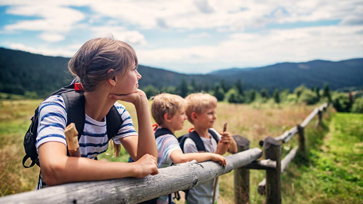 Drei Kinder im Alter von 10 und 7 Jahren vergnügen sich beim Wandern auf den Feldern und Wiesen. Sanft geneigte Huegel, die von Mischwald bedeckt sind, sind im Hintergrund zu sehen. Kinder lehnen sich an einen Holzzaun.  | © Gettyimages.com/Imgorthand