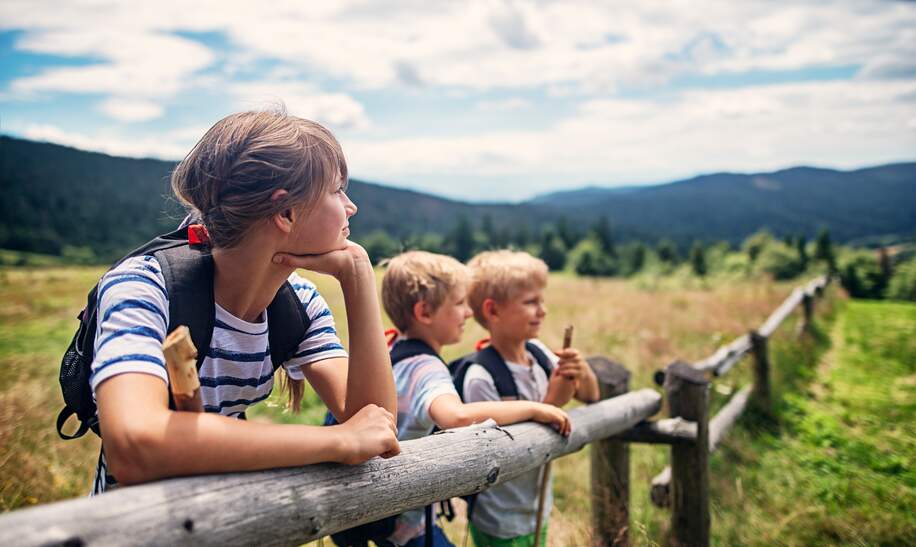 Drei Kinder im Alter von 10 und 7 Jahren vergnügen sich beim Wandern auf den Feldern und Wiesen. Sanft geneigte Huegel, die von Mischwald bedeckt sind, sind im Hintergrund zu sehen. Kinder lehnen sich an einen Holzzaun.  | © Gettyimages.com/Imgorthand